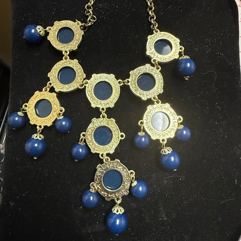 Blue Cabochon‎ Statement Bib Necklace Gold Tone Tiered Bead Drop Adjustable
